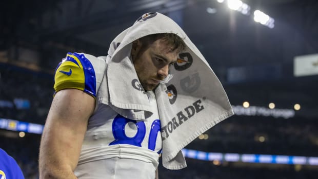 Jan 14, 2024; Detroit, Michigan, USA; Los Angeles Rams tight end Tyler Higbee (89) leaves the field after losing a 2024 NFC wild card game against the Detroit Lions at Ford Field.